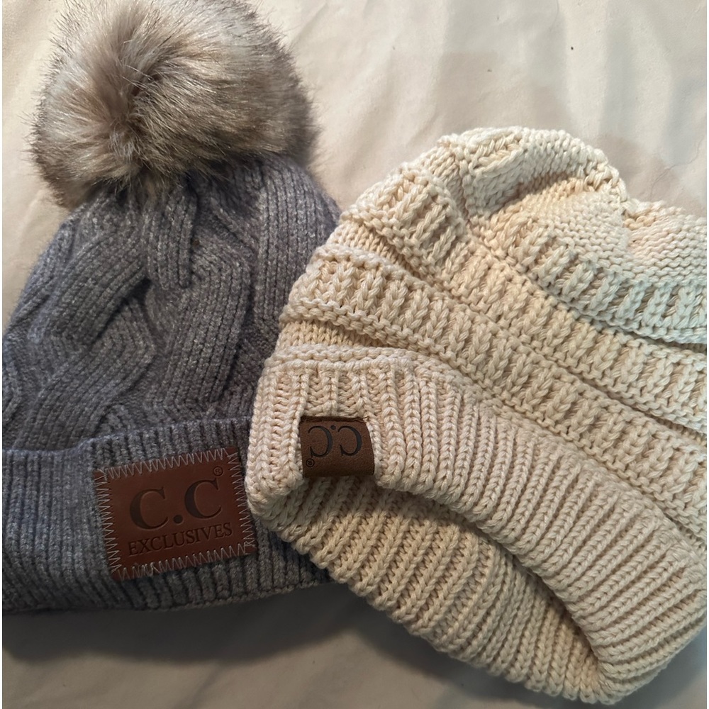 2 CC brand Cable Knit Beanie with Pom and one without pom